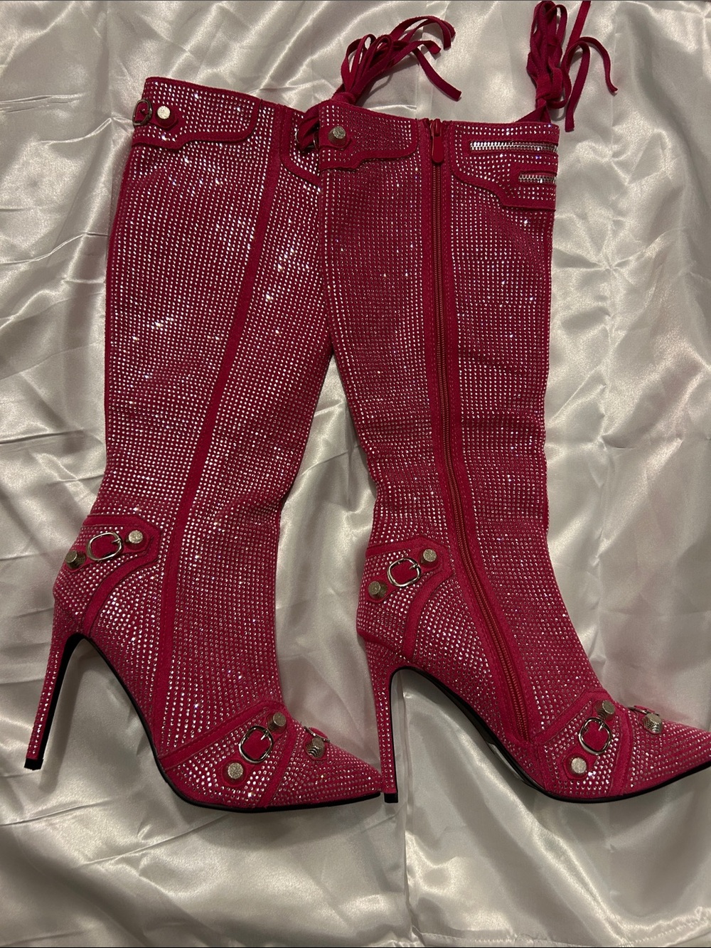 Hot Pink Rhinestone Knee-High Stiletto Boots